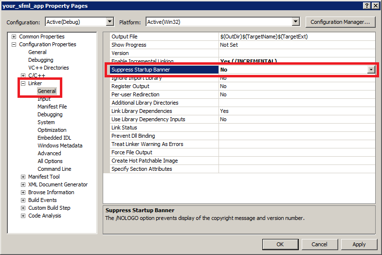 Screenshot of the Visual Studio linker suppress startup banner setting