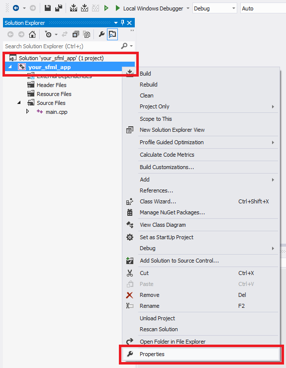 Screenshot of the Visual Studio project properties menu entry